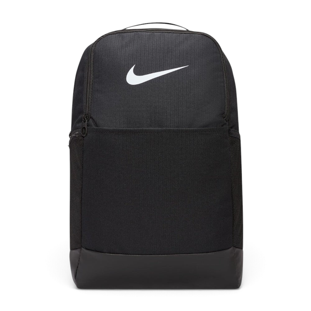 Trade Sports Nike Brasilia 9.5 black training backpack with white Swoosh logo and durable polyester construction