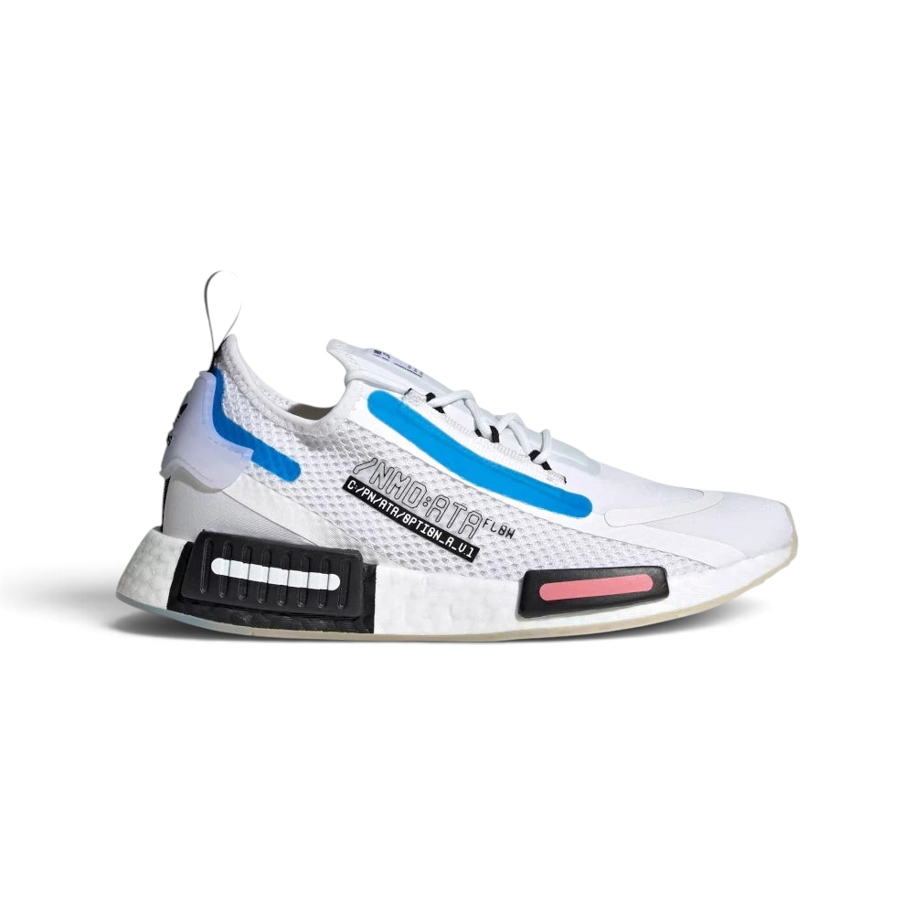 Highlights the high-velocity translucent side panel layout, the white text graphics, and the signature white midsole plugs.