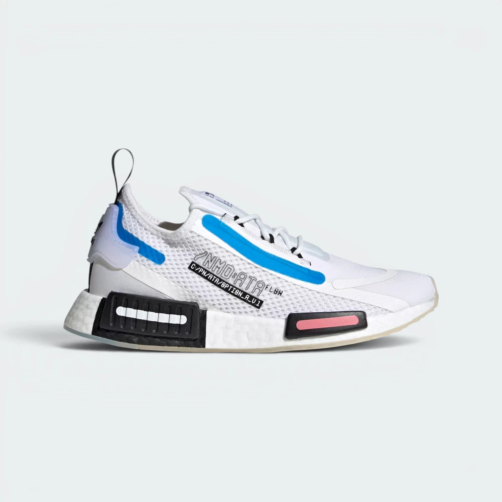 Highlights the high-velocity translucent side panel layout, the white text graphics, and the signature white midsole plugs.