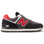 Displays the full lateral silhouette featuring the velvety black suede upper, dark grey mesh underlays, striking red leather 'N' logo with crisp white border, two-tone ENCAP cushioned foam midsole, TPU heel clip, and deep-lugged black rubber outsole.
