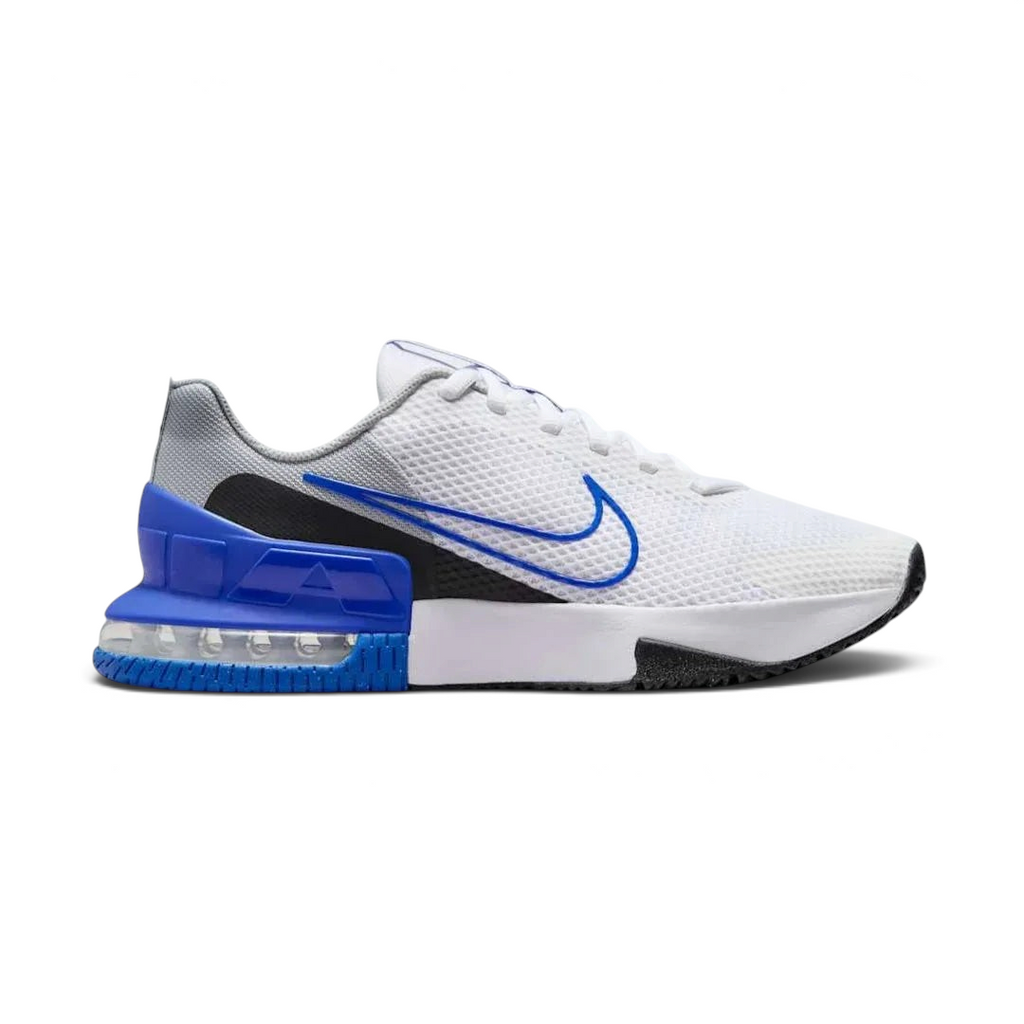 Nike Air Max Alpha Training Shoes Men's in white with black accents, side profile showing visible Max Air unit in the heel, durable mesh upper, and supportive overlays.