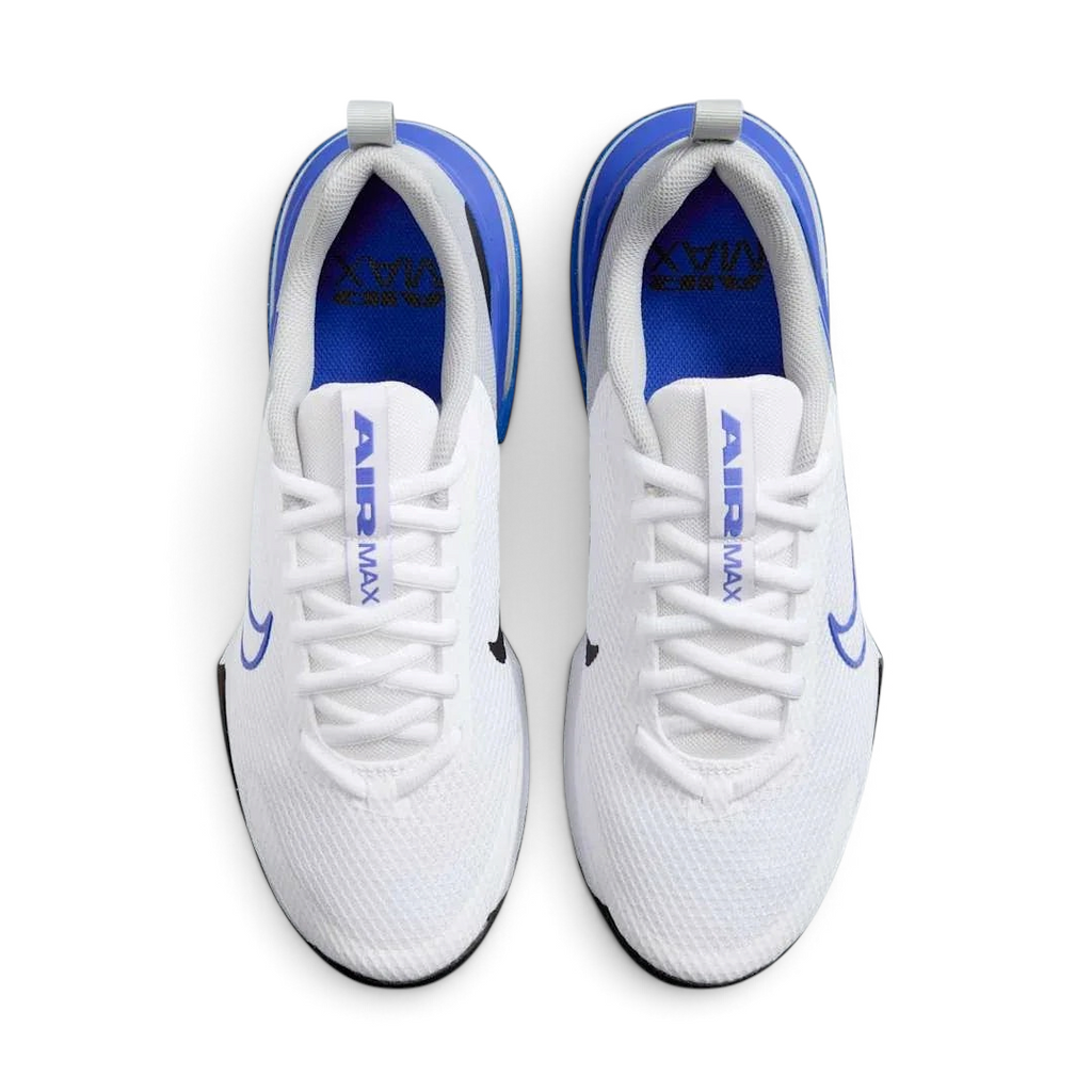 Top-down view of a pair of Nike Air Max Alpha Training Shoes Men's in white, highlighting their sturdy silhouette and lace-up closure.