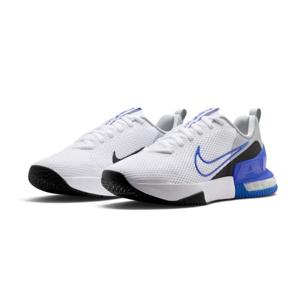 Angled view of two Nike Air Max Alpha Training Shoes Men's in white and black, side by side, showcasing their robust design and stable platform.