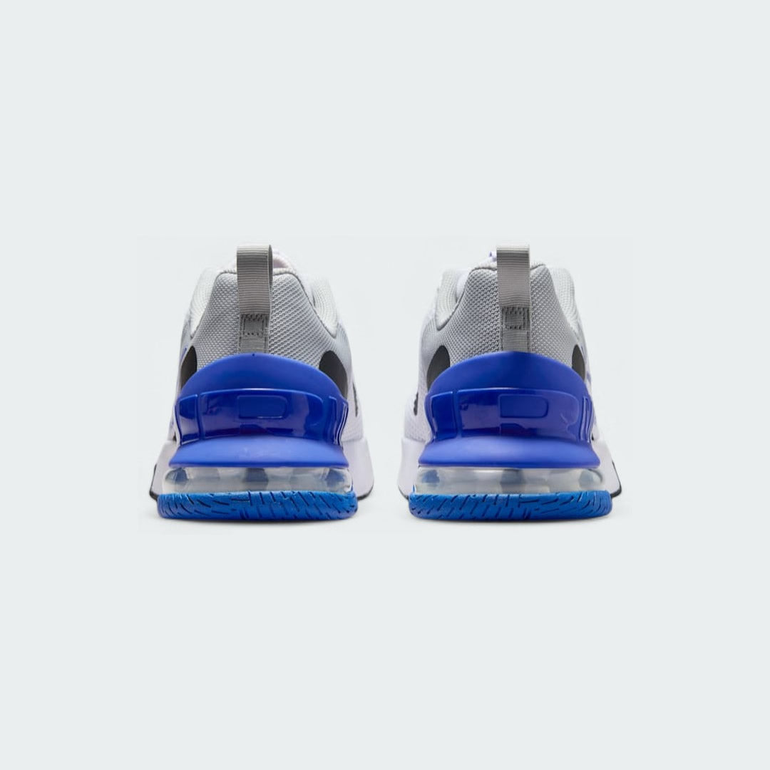 Rear view of the Nike Air Max Alpha Training Shoes Men's white, focusing on the prominent Max Air unit in the heel and wide, flat base for stability.