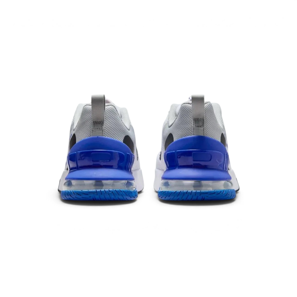 Rear view of the Nike Air Max Alpha Training Shoes Men's white, focusing on the prominent Max Air unit in the heel and wide, flat base for stability.