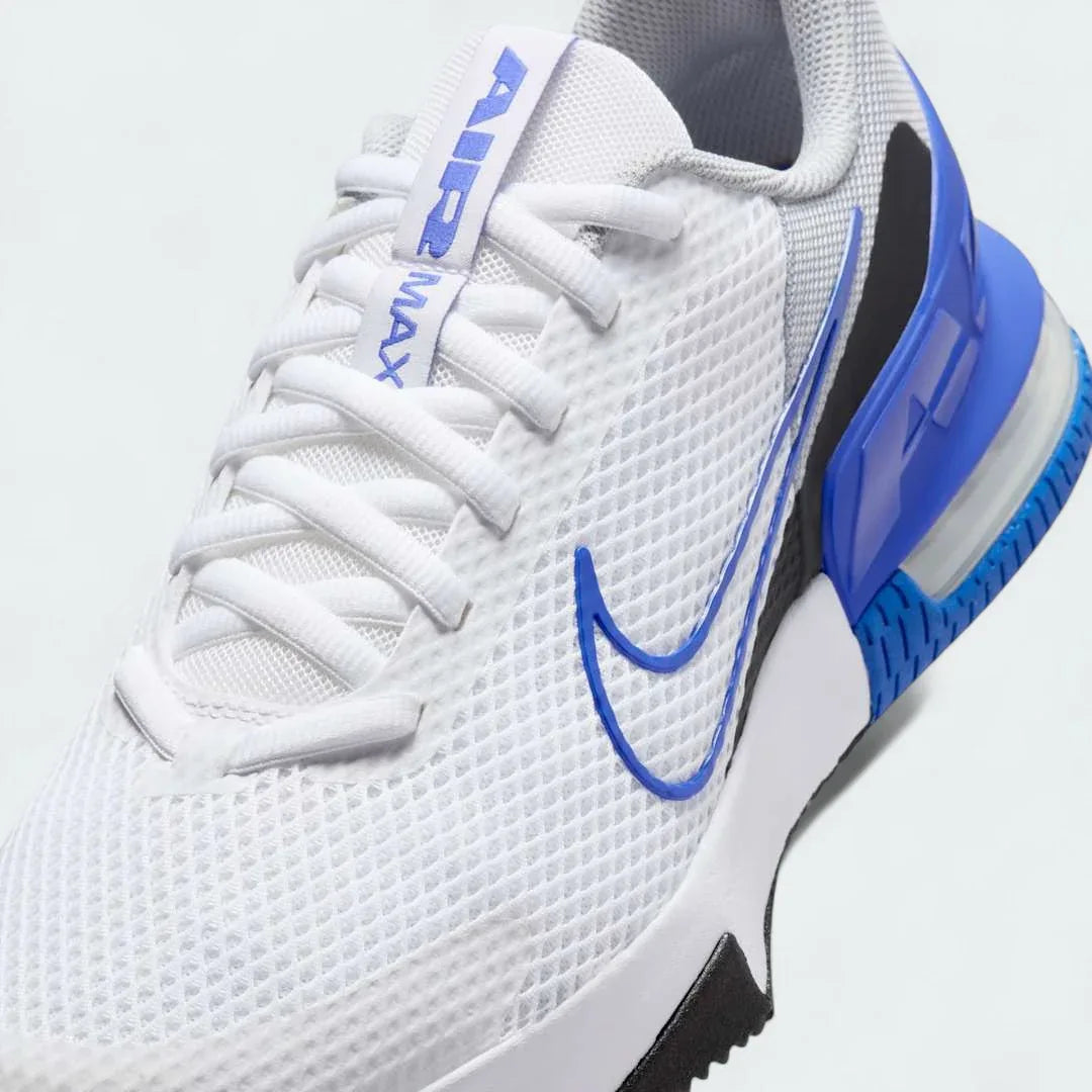 Close-up zoom on the front of the Nike Air Max Alpha Training Shoes Men's white, showing the mesh upper texture, durable toe cap, and lacing system.
