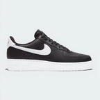 Highlights the iconic silhouette and the high-velocity contrast of the white Swoosh against the black leather.