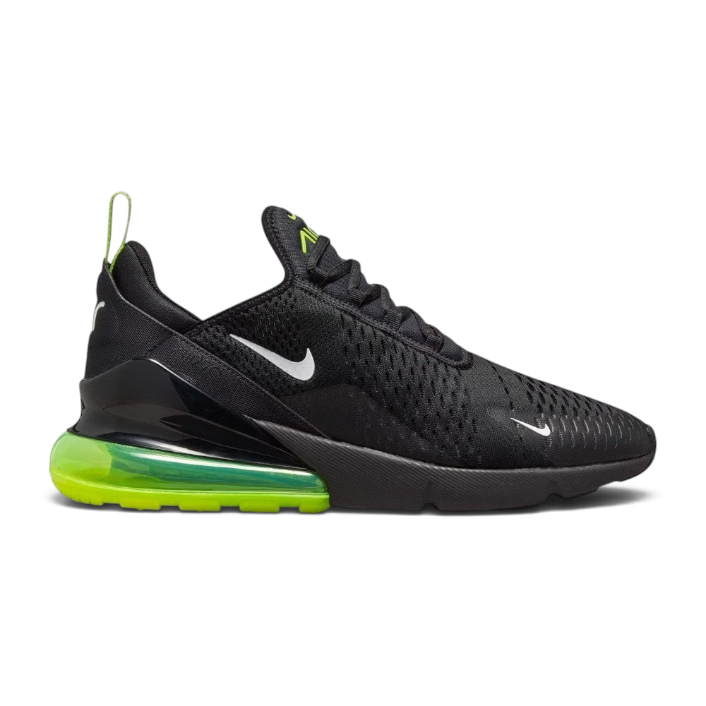 Highlights the high-velocity sweep of the small white Nike Swoosh, showing the breathable black engineered mesh upper, the black heel clip, and the massive translucent Volt green 270 Max Air heel unit sitting cleanly above the black foam forefoot.