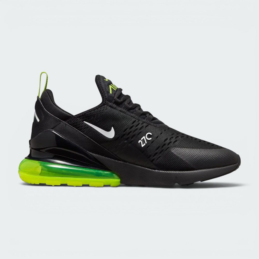 Highlights the inner profile of the shoe, displaying the white "270" text printed cleanly along the midfoot overlay, the sock-like bootie ankle collar, and the vibrant Volt heel Air bubble frame. Main image
