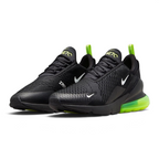 Emphasising the aggressive, athletic stance of the trainers, highlighting the contrast between the stealthy black mesh uppers and the popping Volt heel units and tongue logos.