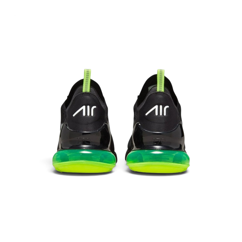 Focuses on the rear profile, highlighting the structured black heel counter stamped with white "AIR" branding, the neon Volt webbing pull tab, and the wide footprint of the translucent Volt Air bubble.