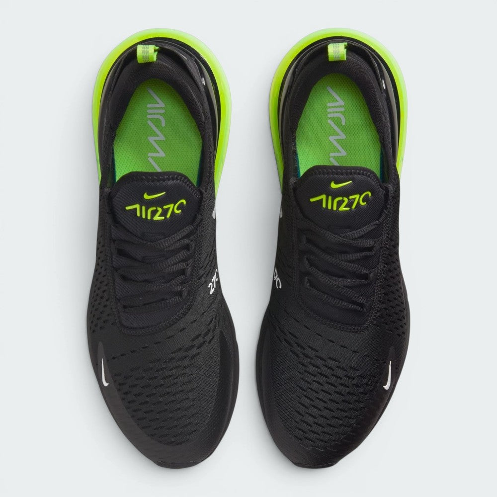 Focuses on the locked-in traditional lacing layout, displaying the perfect symmetry of the black mesh tongue with neon Volt "AIR 270" branding, matching black laces, and the vibrant Volt insoles stamped with white "AIR" graphics.