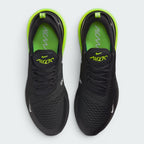 Focuses on the locked-in traditional lacing layout, displaying the perfect symmetry of the black mesh tongue with neon Volt "AIR 270" branding, matching black laces, and the vibrant Volt insoles stamped with white "AIR" graphics.