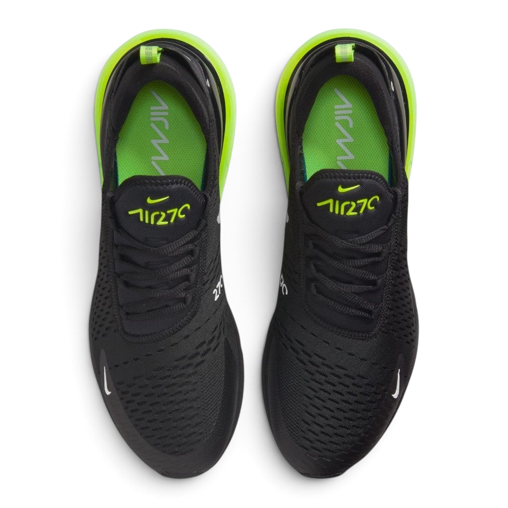 Focuses on the locked-in traditional lacing layout, displaying the perfect symmetry of the black mesh tongue with neon Volt "AIR 270" branding, matching black laces, and the vibrant Volt insoles stamped with white "AIR" graphics.