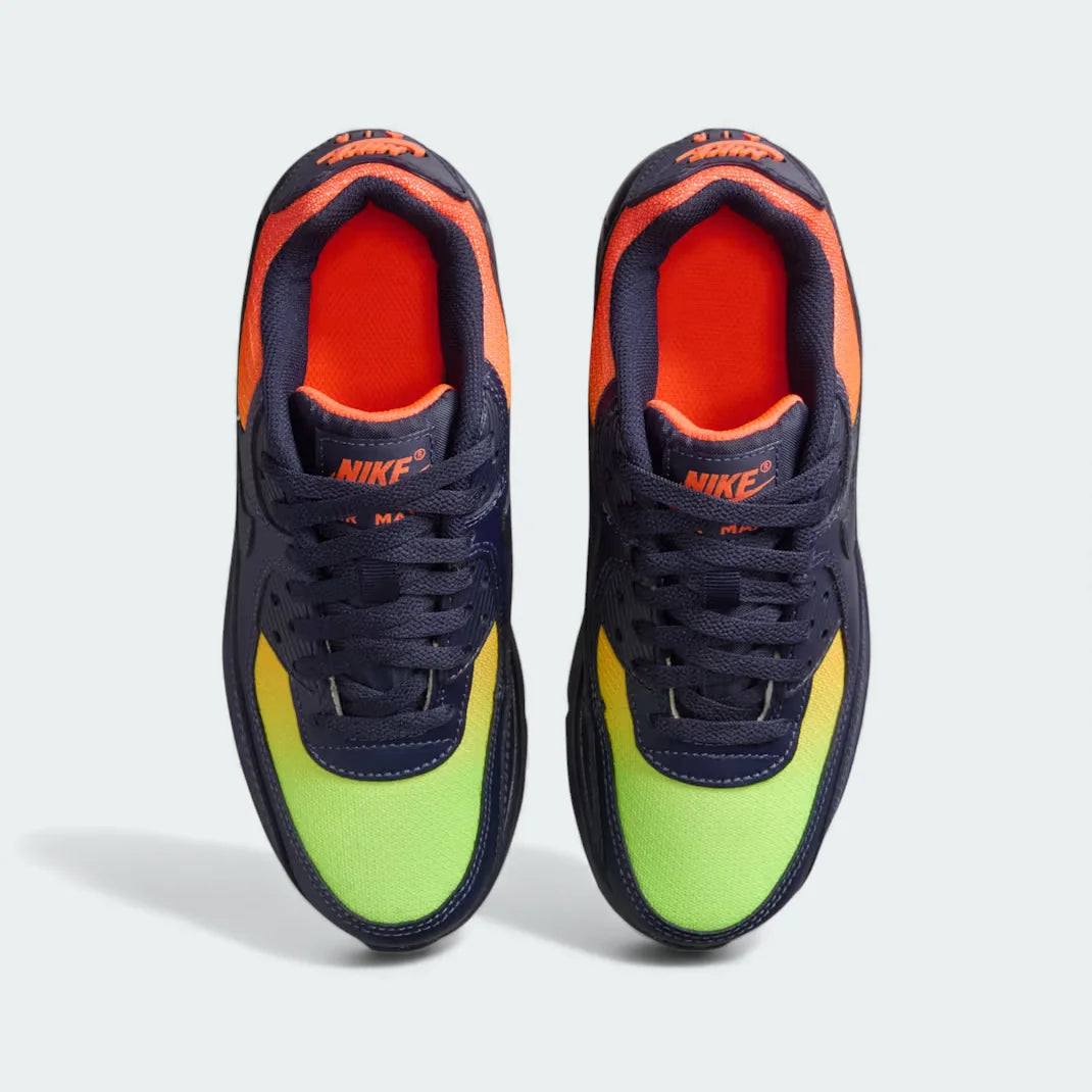 Top-down view of a pair of Nike Air Max 90 Leather Juniors' trainers in blue and yellow-green, highlighting their streamlined silhouette and lace-up closure.