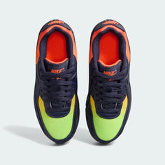 Top-down view of a pair of Nike Air Max 90 Leather Juniors' trainers in blue and yellow-green, highlighting their streamlined silhouette and lace-up closure.