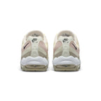 Close-up rear angle focusing on the stacked synthetic heel panels, embroidered "NIKE AIR" branding, the curved white midsole wrap, and the rear Max Air window.
