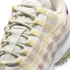Macro focus on the forefoot and eyestay zone, detailing the fine synthetic leather texture, breathable mesh tongue webbing, and the anatomical lace loops.