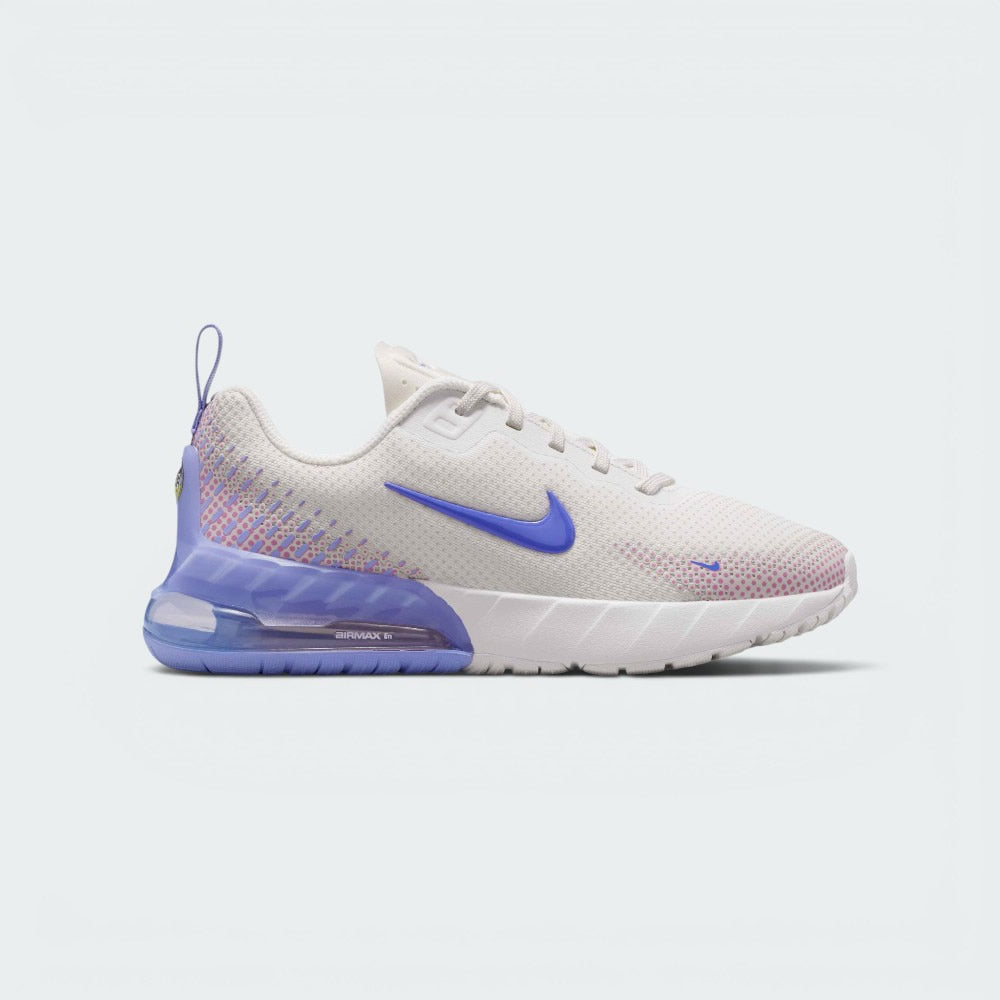 Highlights the high-velocity sweep of the Sapphire blue Nike Swoosh, showing the clean texture of the Phantom open-cell mesh upper, the gradient dot patterning fading into Light Thistle and Silt Red, and the translucent purple heel cage framing the Max Air unit. Main image