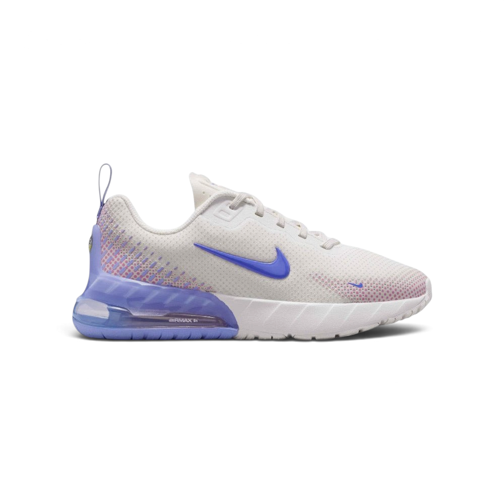 Highlights the high-velocity sweep of the Sapphire blue Nike Swoosh, showing the clean texture of the Phantom open-cell mesh upper, the gradient dot patterning fading into Light Thistle and Silt Red, and the translucent purple heel cage framing the Max Air unit.