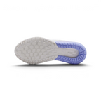 Displays the multi-directional traction grid of the sole, featuring a white rubber forefoot and midfoot zone interlocked with a translucent purple curved heel rim stamped with a clean white Nike Swoosh logo.