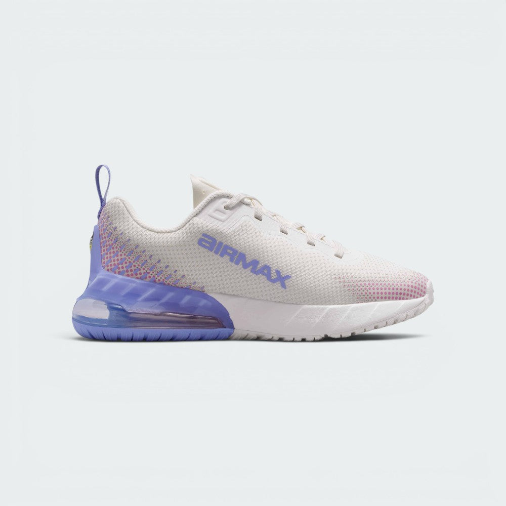 Highlights the inner side of the trainer, displaying the bold "AIRMAX" lettering stamped across the Phantom mesh upper in Sapphire blue, set against the gradient dotted heel detailing and white foam midsole base.