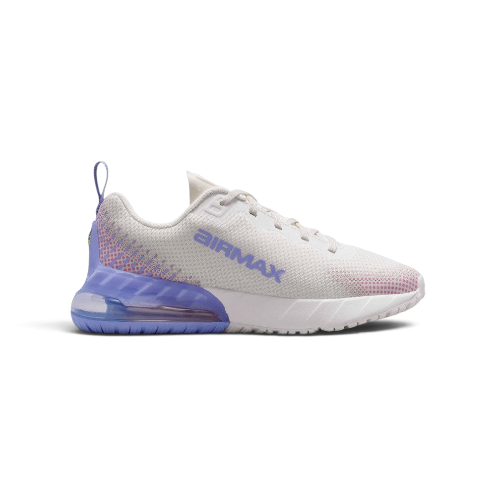 Highlights the inner side of the trainer, displaying the bold "AIRMAX" lettering stamped across the Phantom mesh upper in Sapphire blue, set against the gradient dotted heel detailing and white foam midsole base.