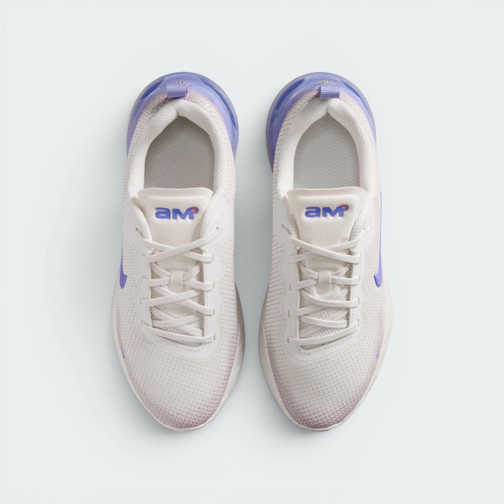Focuses on the locked-in traditional lacing layout, displaying the perfect symmetry of the off-white mesh tongue, matching laces, retro "AM" tongue branding, and the breathable open mesh toe box area.