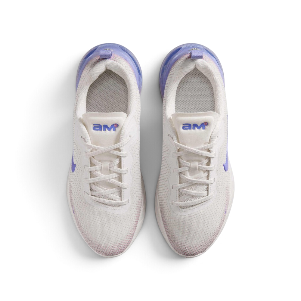 Focuses on the locked-in traditional lacing layout, displaying the perfect symmetry of the off-white mesh tongue, matching laces, retro "AM" tongue branding, and the breathable open mesh toe box area.