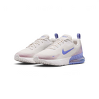 Emphasises the low-cut, athletic stance of the junior shoes, showcasing the harmonious blend of Phantom mesh, Sapphire blue Swooshes, and the vibrant translucent purple Max Air heel units.