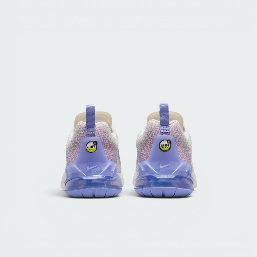 Focuses on the rear profile, highlighting the dual purple pull tabs, the circular "AIR MAX" badges on the heel overlay, and the wide, stable footprint of the translucent Max Air cushioning unit.