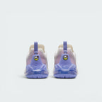 Focuses on the rear profile, highlighting the dual purple pull tabs, the circular "AIR MAX" badges on the heel overlay, and the wide, stable footprint of the translucent Max Air cushioning unit.
