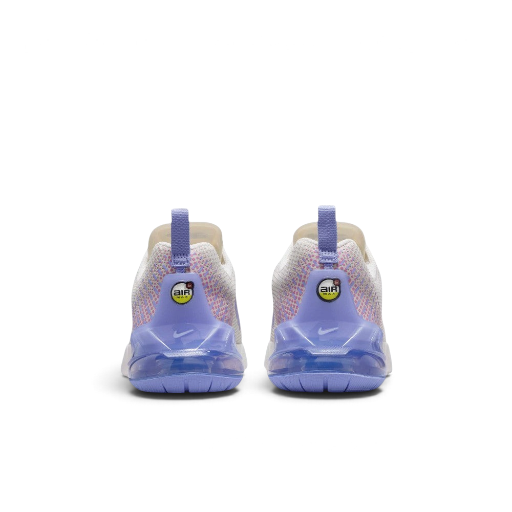 Focuses on the rear profile, highlighting the dual purple pull tabs, the circular "AIR MAX" badges on the heel overlay, and the wide, stable footprint of the translucent Max Air cushioning unit.