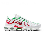 Highlights the high-velocity green-to-red caging gradient against the professional white mesh upper.