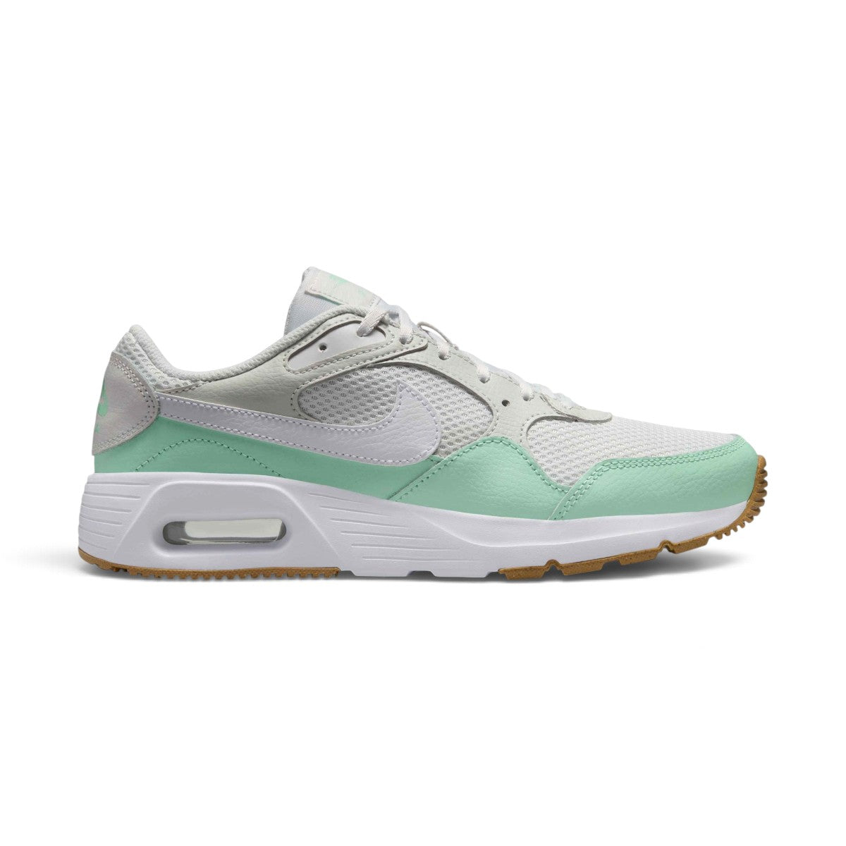 Studio lateral shot of the Nike Women's Air Max SC in Platinum Tint and Mint Foam, highlighting the mixed leather, textile and mesh upper, white Swoosh, visible Max Air window in the foam midsole, and gum light brown rubber outsole. Main image