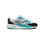 Highlights the high-velocity sweep of the sharp Black Nike Swoosh, showing the professional, texturized weave of the White mesh base, the clean lines of the Pure Platinum overlays, and the visible window of the Max Air unit in the heel.