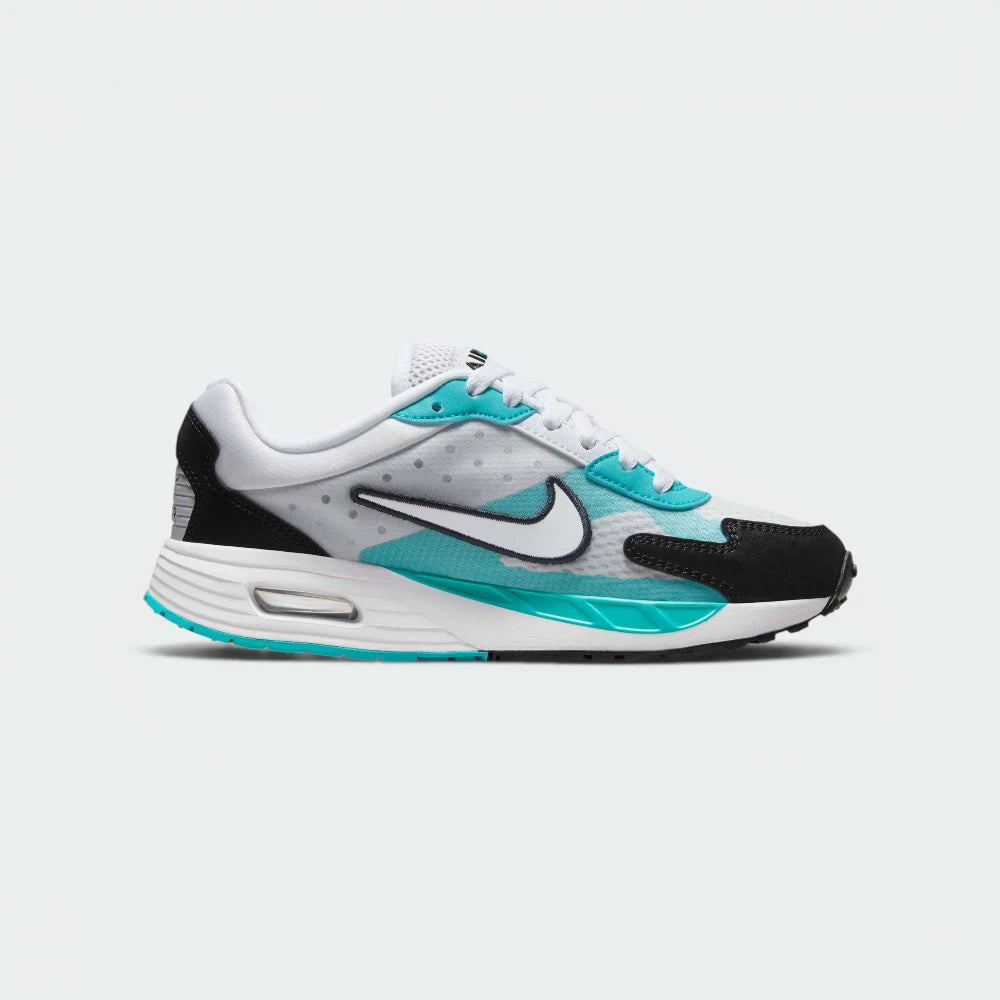 Highlights the high-velocity sweep of the sharp Black Nike Swoosh, showing the professional, texturized weave of the White mesh base, the clean lines of the Pure Platinum overlays, and the visible window of the Max Air unit in the heel. Main image