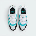 Focuses on the locked-in traditional lacing layout, displaying the perfect symmetry of the white mesh tongue, the textile eyelet bands, and the airy mesh guarding the front toe box area.
