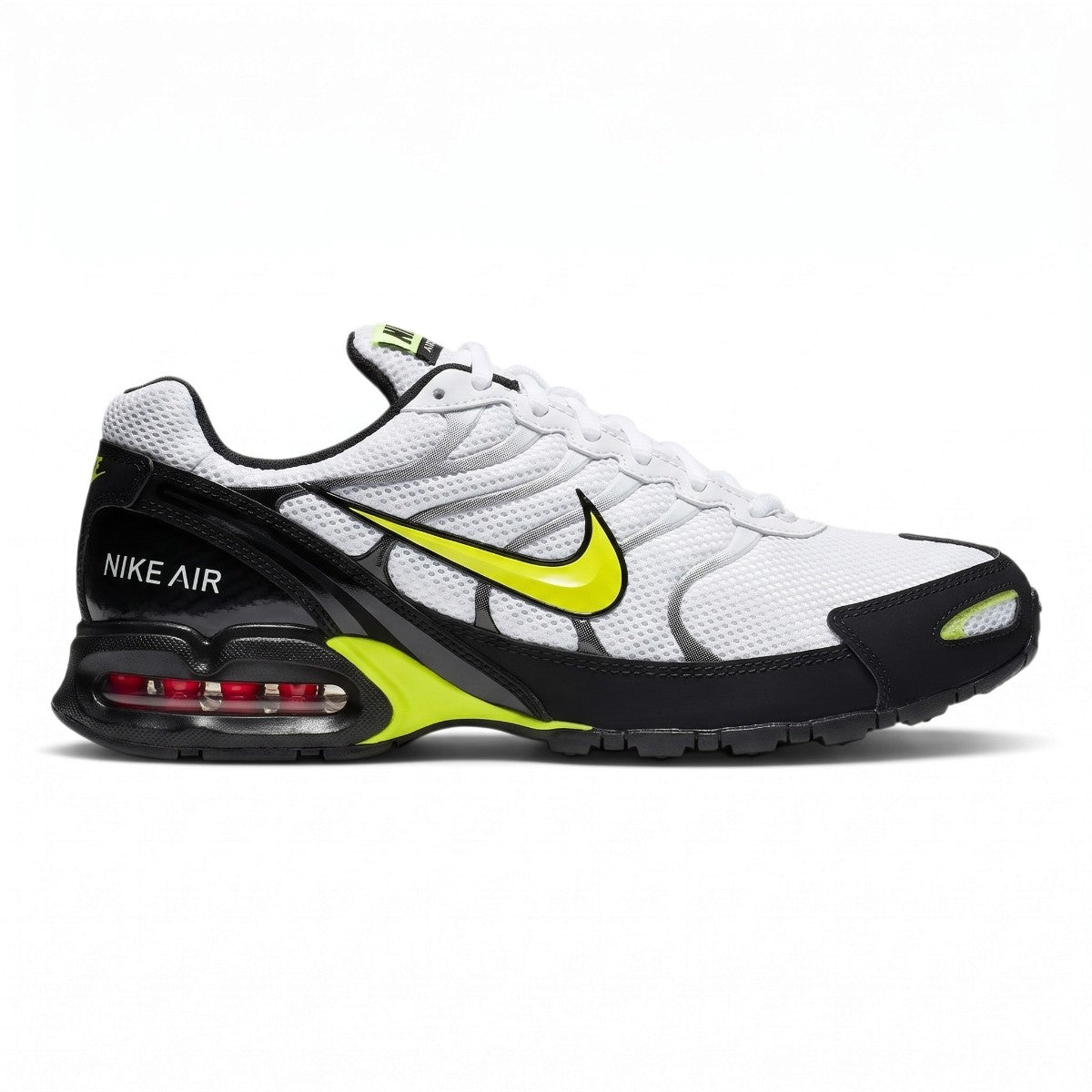 Studio lateral shot of the Nike Air Max Torch 4 men's running trainers in white, volt, and black, highlighting the breathable mesh upper, supportive synthetic overlays, electric volt swoosh branding, and visible Max Air heel cushioning unit.