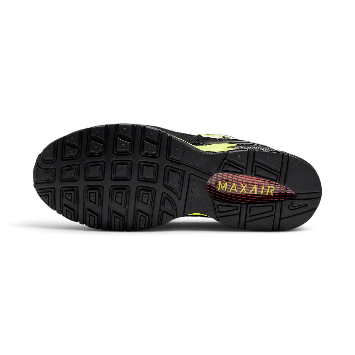 Bottom-down view of the durable rubber outsole, showcasing the traction grip patterns, flex grooves, and heel impact zones.