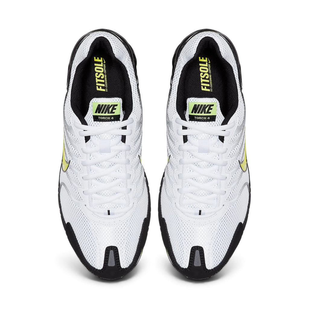 Overhead view looking down at the laced white running shoes, displaying the white flat laces, mesh tongue, and branded insoles.