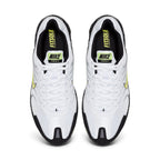 Overhead view looking down at the laced white running shoes, displaying the white flat laces, mesh tongue, and branded insoles.