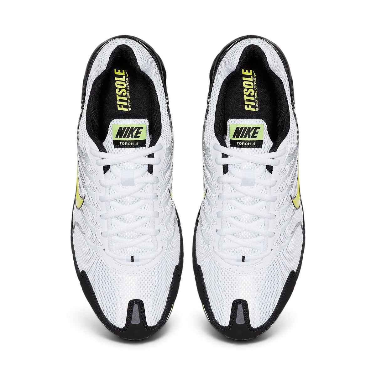 Overhead view looking down at the laced white running shoes, displaying the white flat laces, mesh tongue, and branded insoles.