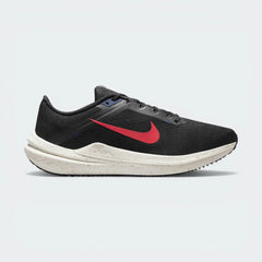 Side Profile Image: The Black Winflo 10, highlighting the Bright Crimson Swoosh and the Sail-coloured responsive midsole.