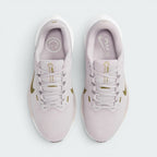 Focuses on the locked-in central lacing layout, displaying the perfect symmetry of the Platinum Violet mesh tongue, tonal laces, Pacific Moss "NIKE Winflo 10" text, and the smiley face insole graphics.