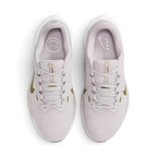 Focuses on the locked-in central lacing layout, displaying the perfect symmetry of the Platinum Violet mesh tongue, tonal laces, Pacific Moss "NIKE Winflo 10" text, and the smiley face insole graphics.