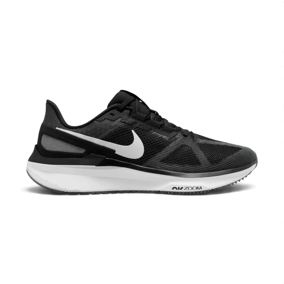 Side profile of the Nike Air Zoom Structure 25 Men's Road Running Trainer in Black, White, and Iron Grey showing engineered mesh upper, white foam midsole, Zoom Air branding, and white side Swoosh. Main image