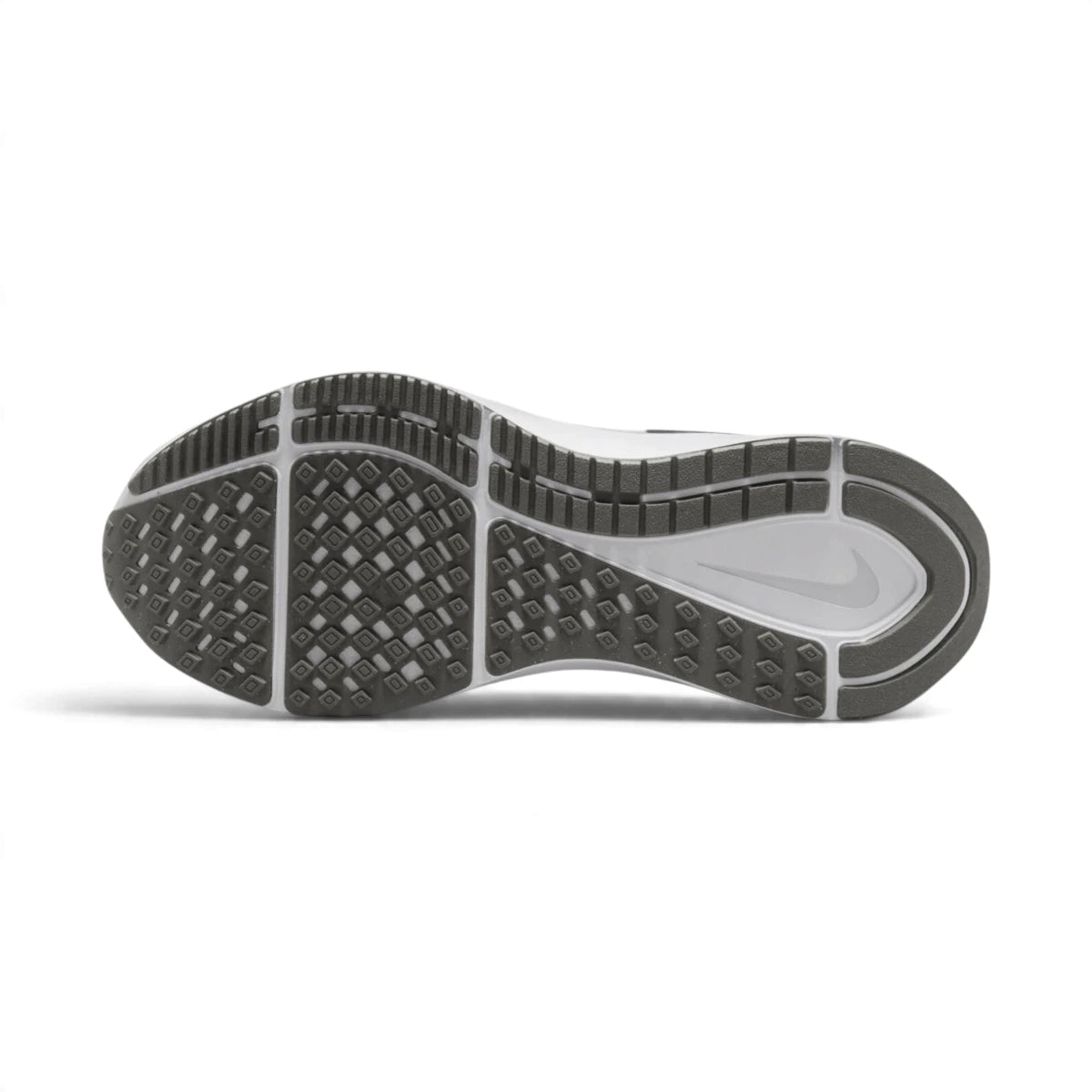 Bottom profile of the running shoe displaying the grey and white multi-surface rubber traction pattern and integrated midfoot stability shank.