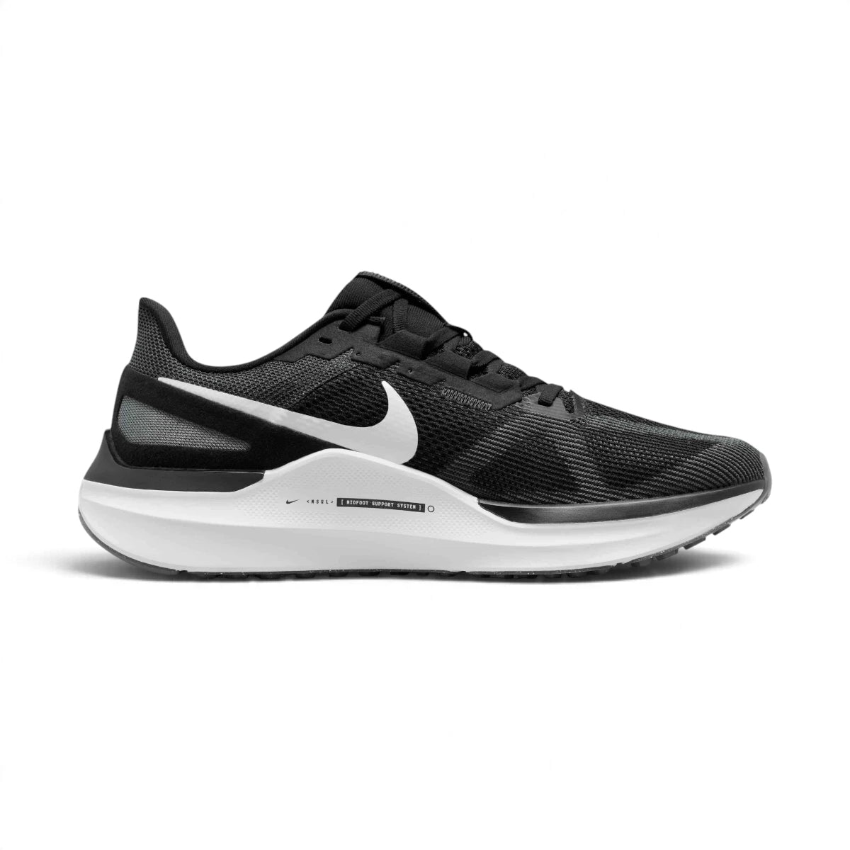 Clean lateral side profile highlighting the sculpted white midsole, midfoot support system text, and engineered mesh ventilation zones.