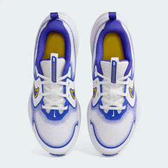 Top-down view of a pair of Nike Cosmic Runner Juniors' running trainers in white and yellow, highlighting their streamlined silhouette and lace-up closure.